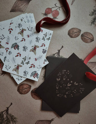 NORDIC.CHRISTMAS - Floral heart on black, small flat card / gift tag