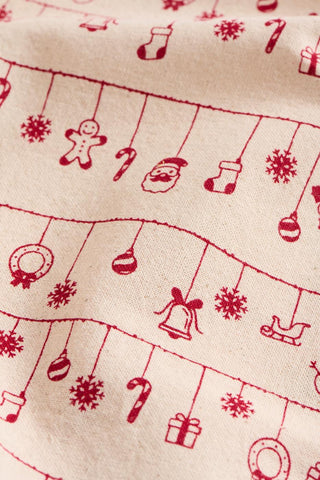 NORDIC.CHRISTMAS - Christmas tea towel Hollie - natural w/red Christmas decorations on strings