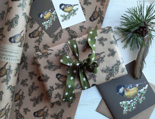 NORDIC.CHRISTMAS - Set Of 3 Pieces Tit Bird Kraft Wrapping Paper