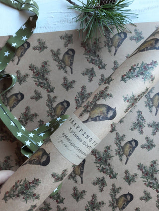 NORDIC.CHRISTMAS - Set Of 3 Pieces Tit Bird Kraft Wrapping Paper
