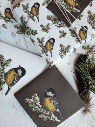 NORDIC.CHRISTMAS - Tit Bird On Dark Green, Folded Card