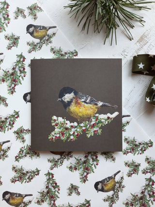 NORDIC.CHRISTMAS - Tit Bird On Dark Green, Folded Card
