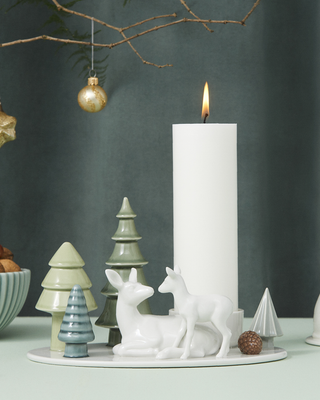 White Ceramic Deer & Fawn Candlestick - Winter Scene