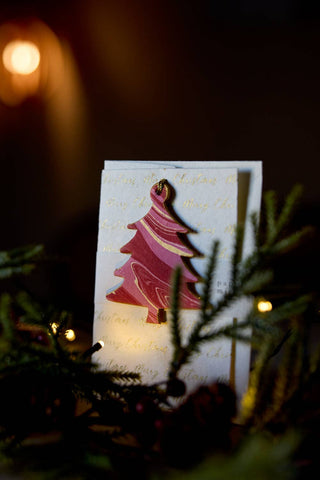 Tree Blushing Crimson Merry Christmas - Keepsake Marble Ornament Greeting Card