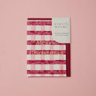Gingham Christmas Pudding - Block Printed Greeting Card