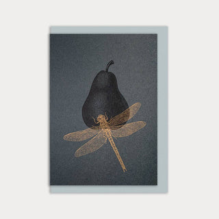 Greeting card/pear with dragonfly/recycled paper