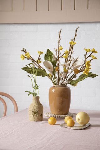 Felt beige vase with flowers embroidery - inclu. glass