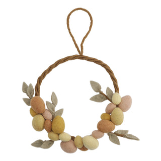 Felt Easter wreath with leaves and dusty orange and yellow eggs