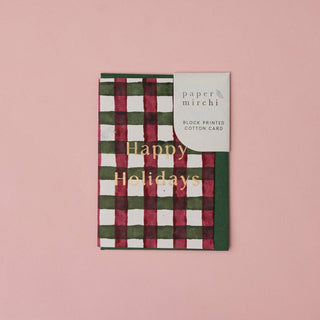 Gingham Holly Green Happy Holidays - Block Printed Greeting Card