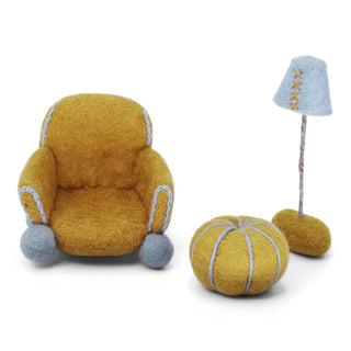 Felt ochre chair, pillow & lamp