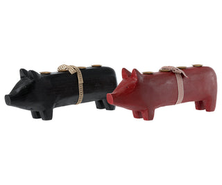 Large red wooden pig candle holder