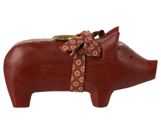 Medium red wooden pig candle holder