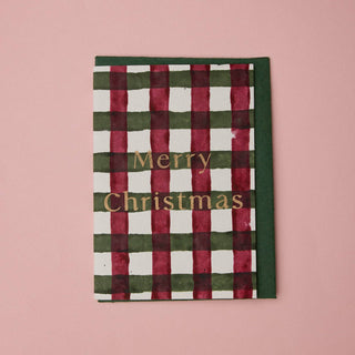 Gingham Holly Green Merry Christmas - Block Printed Greeting Card