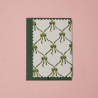 Bows Holly Green - Block Printed Greeting Card
