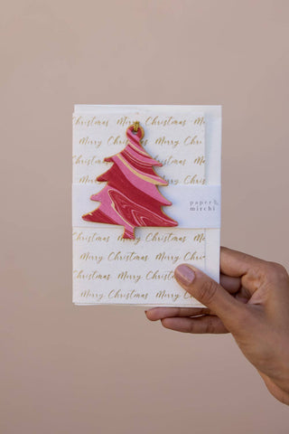 Tree Blushing Crimson Merry Christmas - Keepsake Marble Ornament Greeting Card