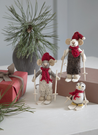 Small grey boy mouse on skis with grey pants ornament