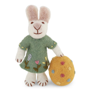 Felt bunny with embroidered green dress & dotted egg ornament