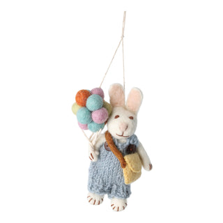 Felt white bunny with blue pants and balloons ornament