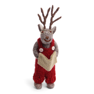 Small grey boy deer with book ornament