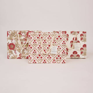 Medium Block Printed Gift Bags - Winter Red