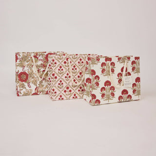 Medium Block Printed Gift Bags - Winter Red