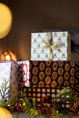 Gingham Holly Green - Block Printed Wrapping Paper Sheets