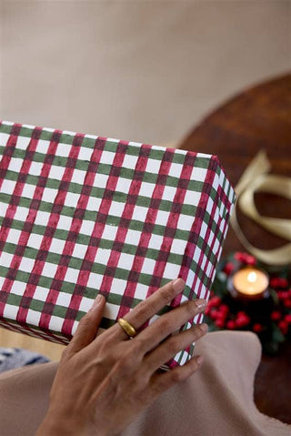 Gingham Holly Green - Block Printed Wrapping Paper Sheets
