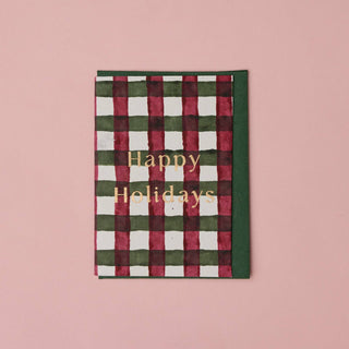 Gingham Holly Green Happy Holidays - Block Printed Greeting Card