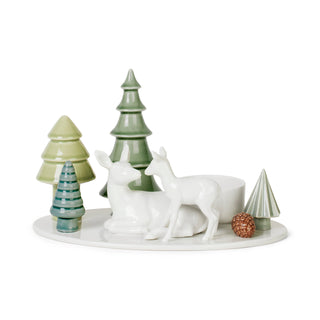 White Ceramic Deer & Fawn Candlestick - Winter Scene