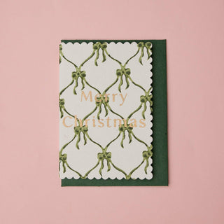 Bows Holly Green - Block Printed Greeting Card