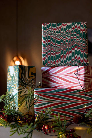 Candy Stripes Jolly - Hand Marbled Wrapping Paper Sheets