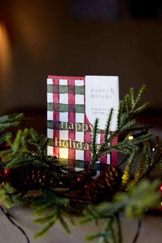 Gingham Holly Green Happy Holidays - Block Printed Greeting Card