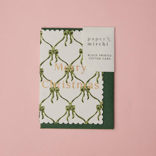 Bows Holly Green - Block Printed Greeting Card