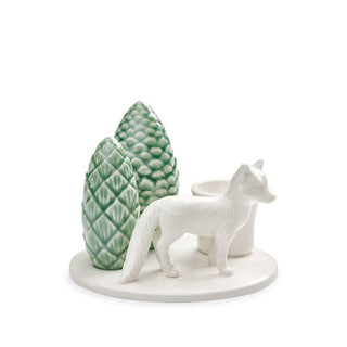 White Ceramic Fox Candlestick - Nordic Winter Scene