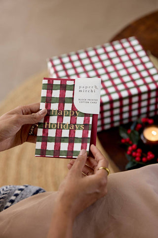 Gingham Holly Green Happy Holidays - Block Printed Greeting Card