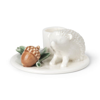 White Ceramic Hedgehog Candlestick - Nordic Winter Scene