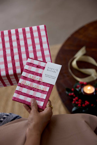 Gingham Christmas Pudding - Block Printed Greeting Card