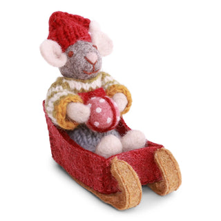Small Grey Felt Boy Mouse with Sled