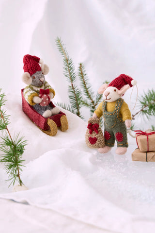 Small Grey Felt Boy Mouse with Sled