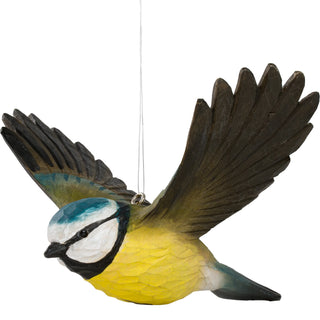 Wood Carved Flying Blue Tit Ornament