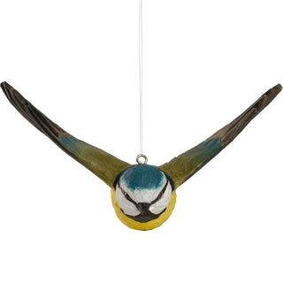 Wood Carved Flying Blue Tit Ornament
