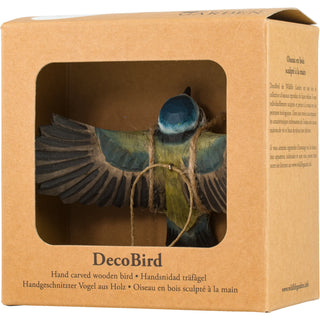 Wood Carved Flying Blue Tit Ornament
