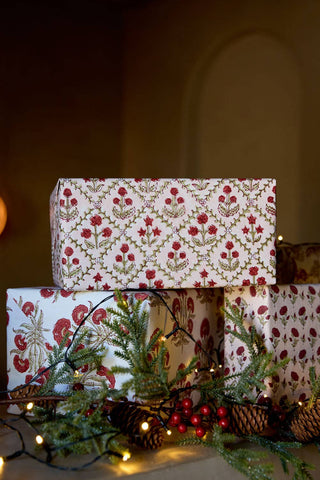 Floral Lattice Winter Red - Block Printed Wrapping Paper Sheets