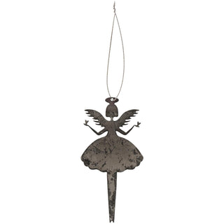 Gold-toned metal angel ornament with cut-out wings, holding a small heart in each hand, on a white background