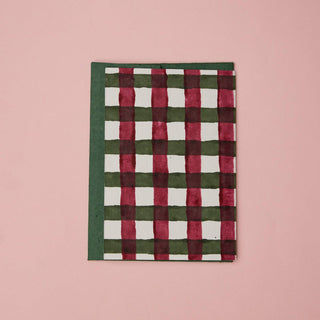 Gingham Holly Green Merry Christmas - Block Printed Greeting Card