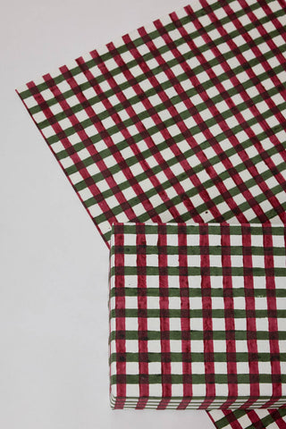Gingham Holly Green - Block Printed Wrapping Paper Sheets