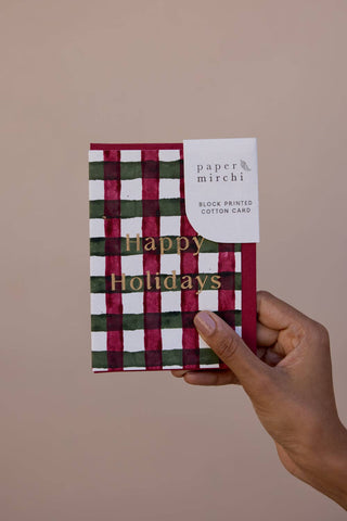 Gingham Holly Green Happy Holidays - Block Printed Greeting Card