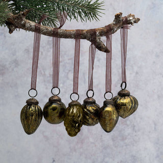 NORDIC.CHRISTMAS - Small mixed design olive green crackle glass baubles - set of 6