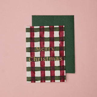 Gingham Holly Green Merry Christmas - Block Printed Greeting Card