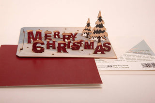 Merry Christmas - wooden greeting card with popup motif to stick